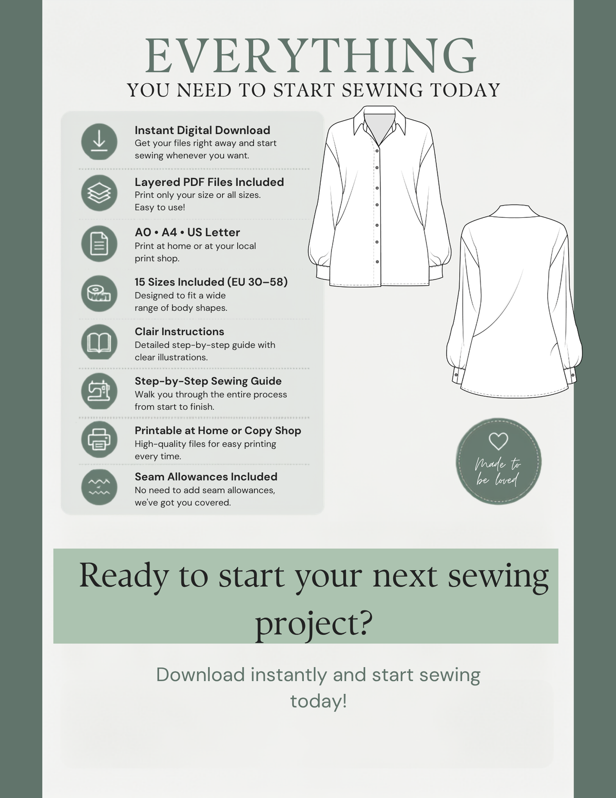 MIA Blouse PDF sewing pattern features with instant download, layered files and 15 sizes