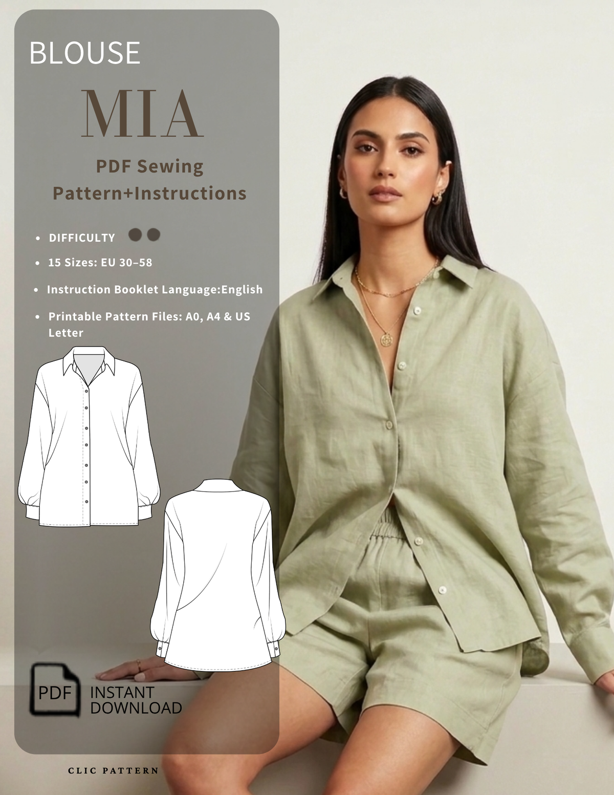 MIA Blouse PDF sewing pattern for women with classic shirt collar, button front and long sleeves