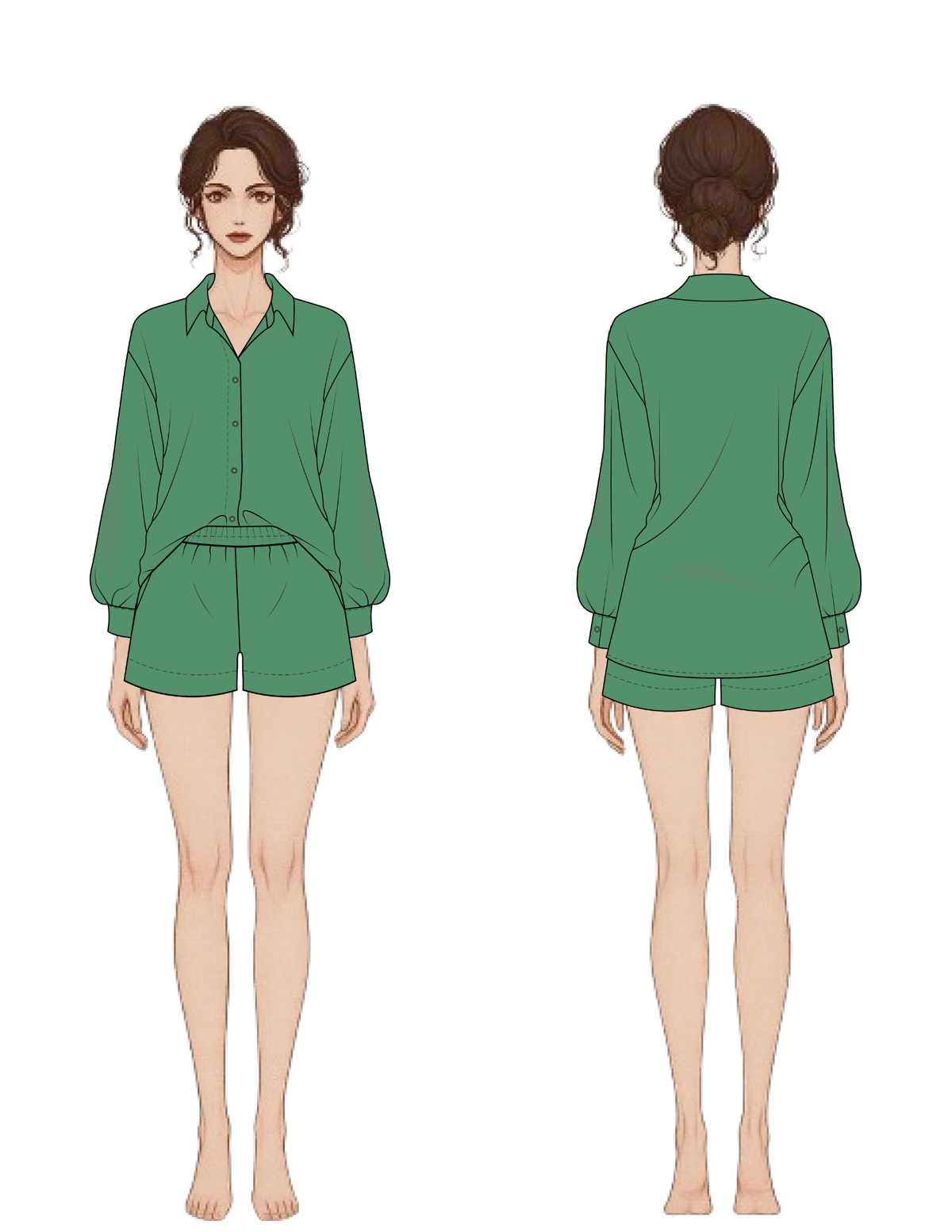 MIA Blouse sewing pattern front and back view with button front, shirt collar and long sleeves