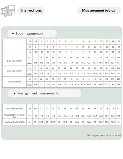 MIA Blouse sewing pattern size chart with body and finished garment measurements, EU 30–58