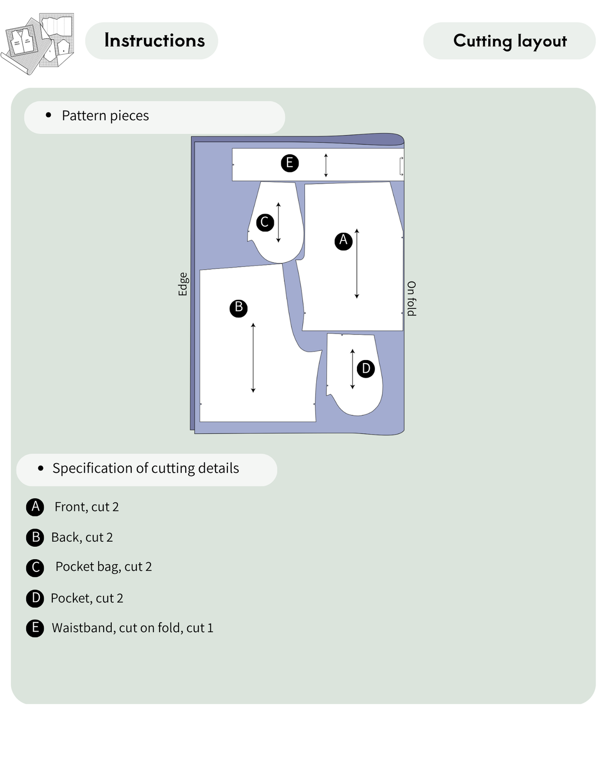 MIA Shorts sewing pattern cutting layout showing front, back, pocket and elastic waistband pieces