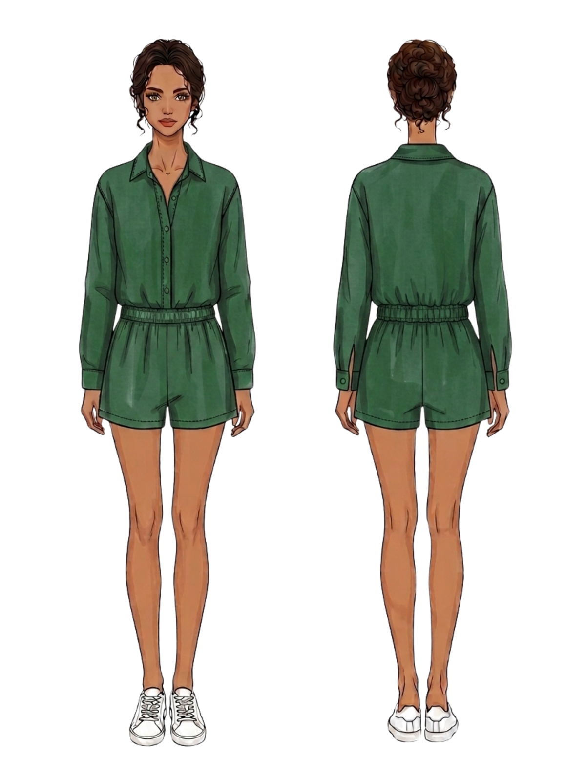 MIA Shorts technical drawing showing front and back views with elastic waistband and pockets