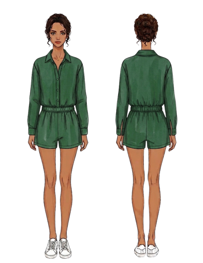 MIA Shorts technical drawing showing front and back views with elastic waistband and pockets