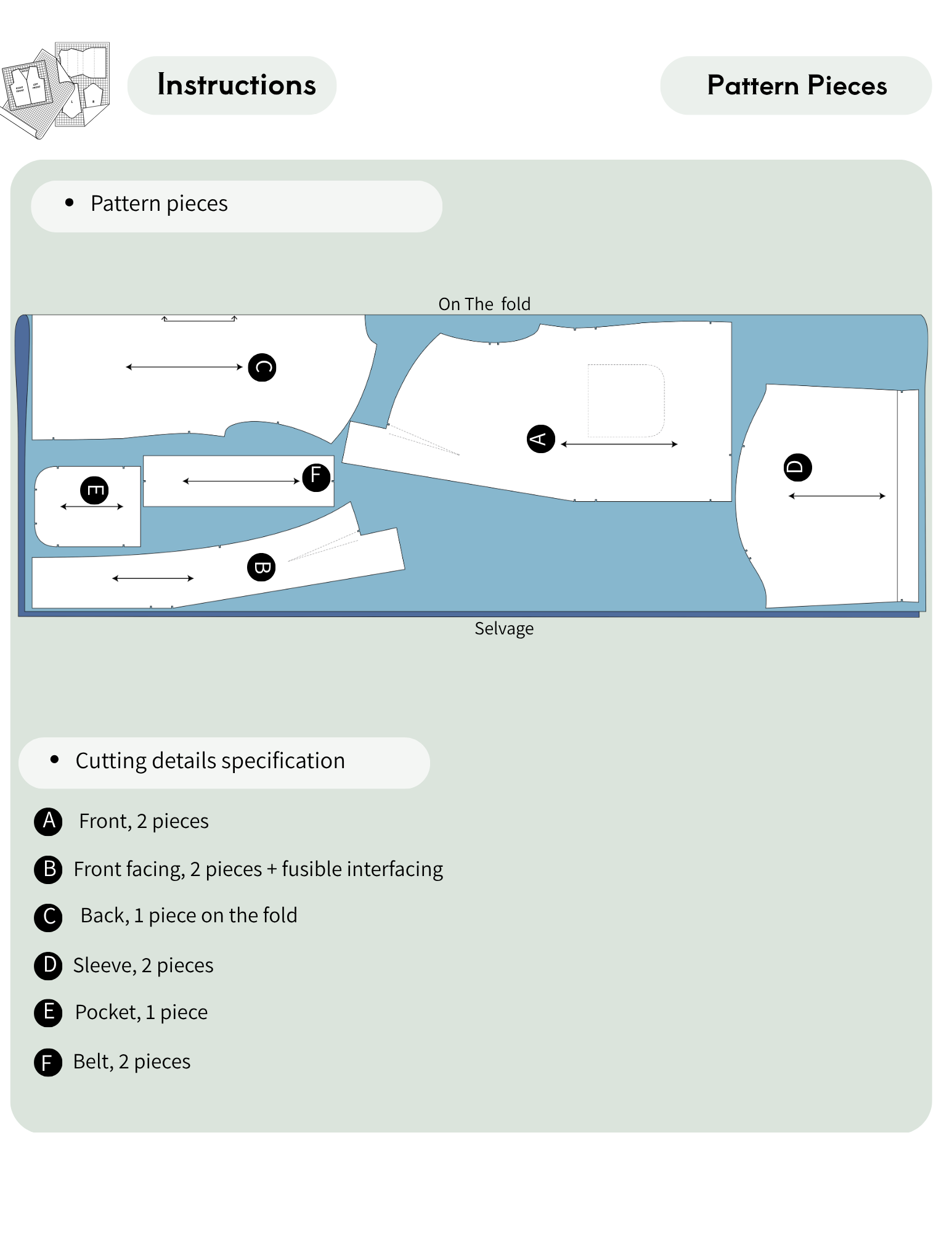 MILDA PDF coat pattern cutting layout showing front, front facing, back, sleeve, pocket, and belt pattern pieces arranged on the fabric fold.