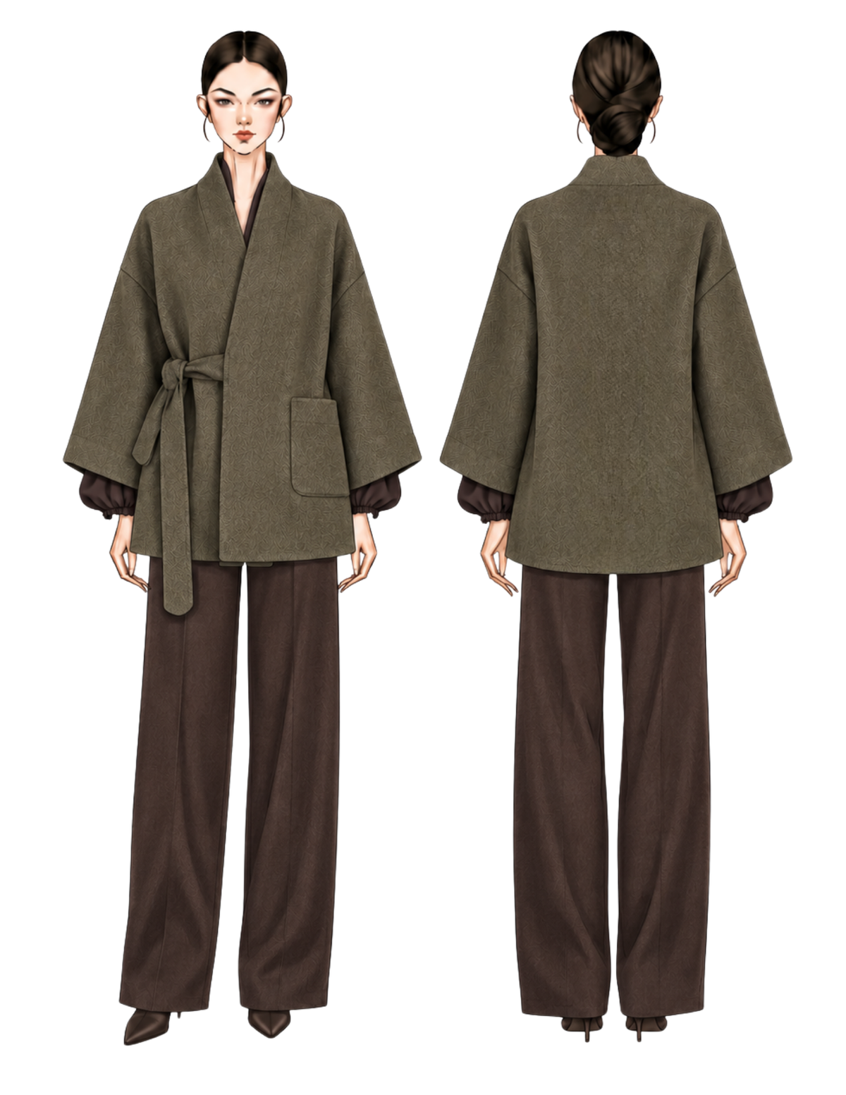 MILDA women's kimono wrap coat PDF sewing pattern shown in olive green with a shawl collar, wide sleeves, waist tie, patch pocket, 15 sizes, and A4, A0 and US Letter formats
