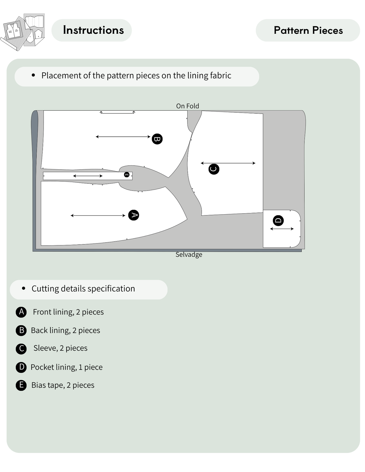 MILDA lined coat sewing pattern layout showing front and back lining pieces, sleeve lining, pocket lining, and bias tape pieces