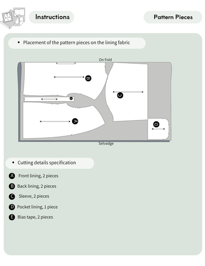 MILDA lined coat sewing pattern layout showing front and back lining pieces, sleeve lining, pocket lining, and bias tape pieces