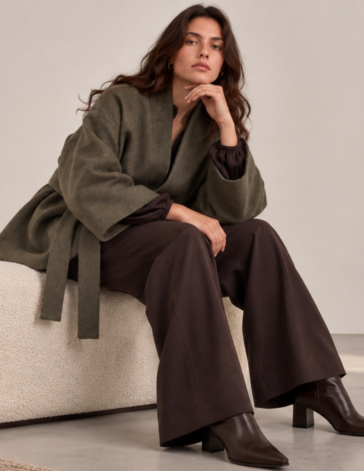 Woman wearing a relaxed oversized wrap coat with a shawl collar, wide kimono sleeves, waist belt, and patch pocket in textured olive green fabric.