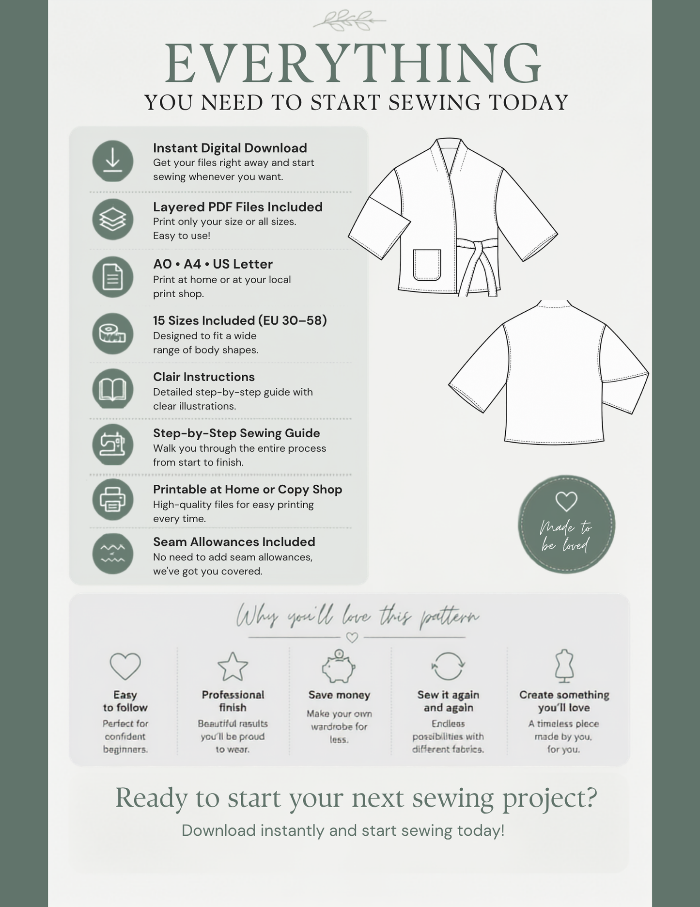 MILDA digital sewing pattern download showing A0, A4 and US Letter formats, 15 sizes EU 30–58, layered PDF fi les, illustrated instructions, and included seam allowances.