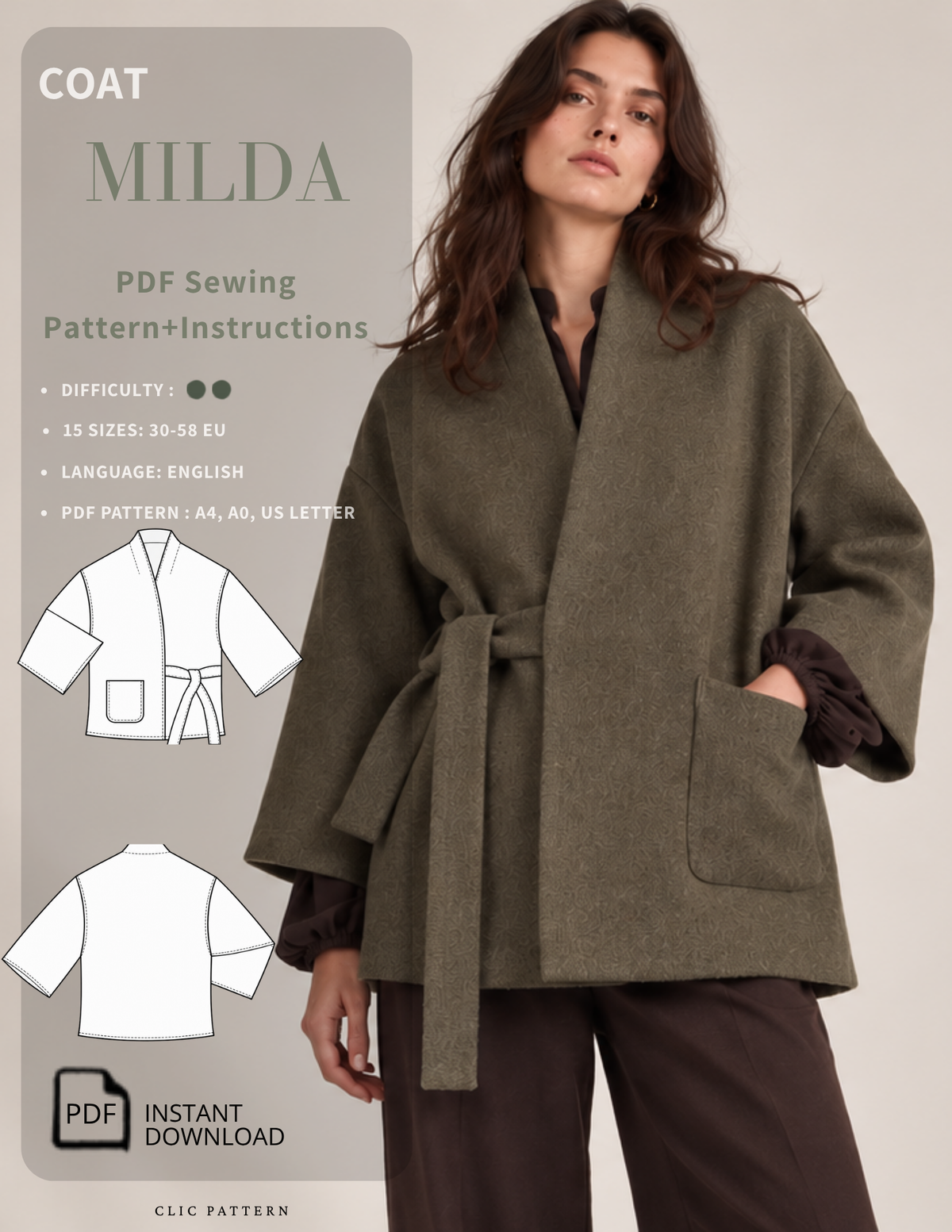 MILDA women's kimono wrap coat PDF sewing pattern shown in olive green with a shawl collar, wide sleeves, waist tie, patch pocket, 15 sizes, and A4, A0 and US Letter formats