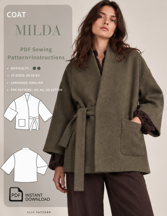 MILDA women's kimono wrap coat PDF sewing pattern shown in olive green with a shawl collar, wide sleeves, waist tie, patch pocket, 15 sizes, and A4, A0 and US Letter formats