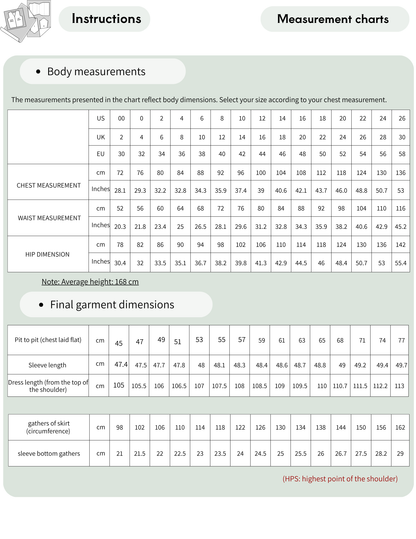 MIMA dress sewing pattern measurement chart with women's sizes EU 30 to 58 and body measurements in centimeters and inches