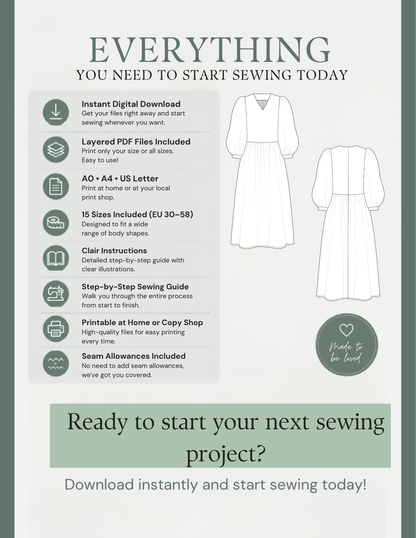 MIMA PDF sewing pattern features including instant download, layered files, A0, A4 and US Letter formats, and sizes EU 30-58