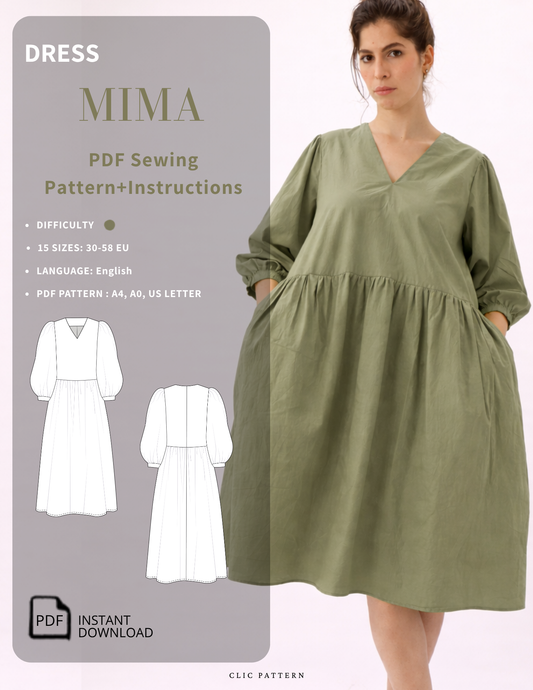 Technical front and back illustration of the MIMA dress sewing pattern with puff sleeves, V-neck and gathered skirt