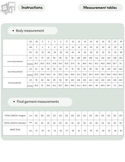 Monica Skirt Sewing Pattern measurement chart with body and finished garment measurements for EU 30–58
