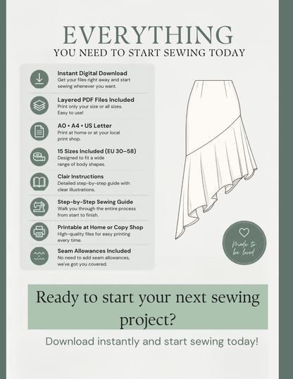 Monica Skirt PDF Sewing Pattern features including instant download, layered files, A0, A4 and US Letter formats