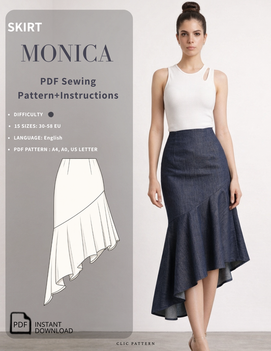 Monica Skirt Sewing Pattern PDF cover featuring an asymmetrical high waist skirt with ruffle hem