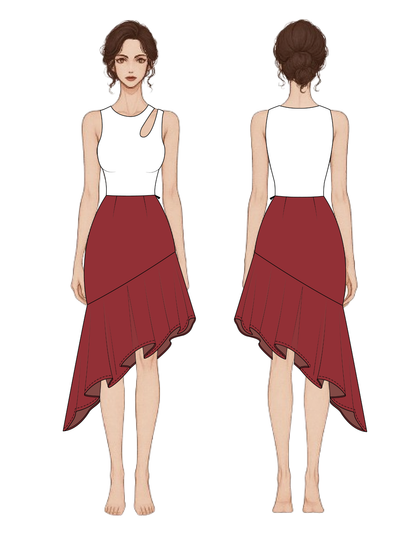 Front and back views of a sleeveless high-low dress shown in a flat fashion illustration. The dress has a white fitted bodice with a small side cutout and a deep red layered asymmetrical skirt on a plain white background.