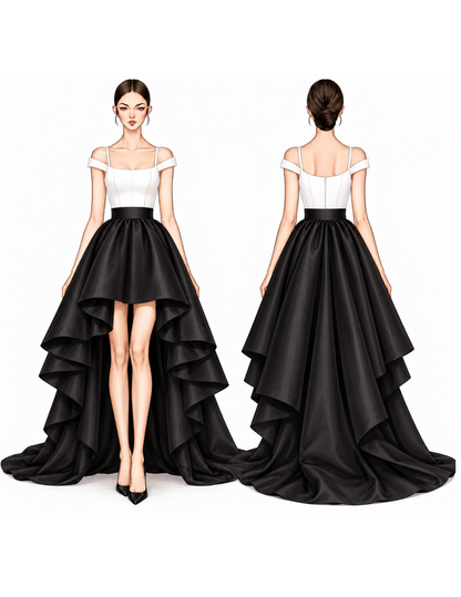 Front and back technical views of the ODETTE asymmetrical skirt sewing pattern, showing the high-low hem, fi tted waistband, and long fl owing train.