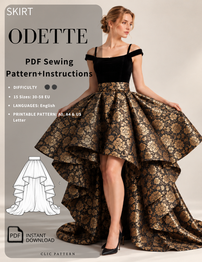 ODETTE high-low circle skirt sewing pattern PDF cover featuring a black and gold brocade skirt with a dramatic train, available in 15 EU sizes from 30 to 58.