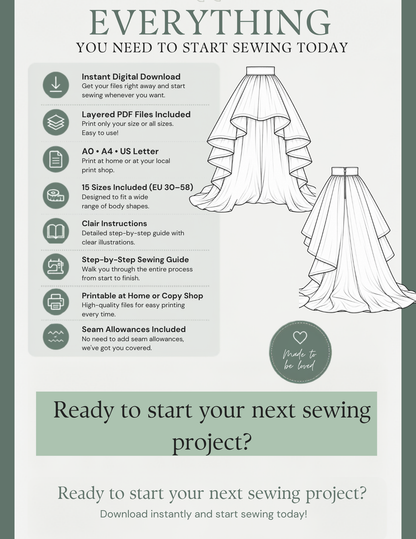 ODETTE digital sewing pattern download includes layered PDF fi les, A0, A4 and US Letter printing formats, 15 sizes from EU 30 to 58, and illustrated sewing instructions.