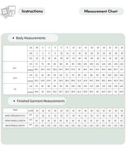 ODETTE skirt sewing pattern size chart showing body measurements for 15 sizes from EU 30 to 58, with corresponding US and UK sizes.