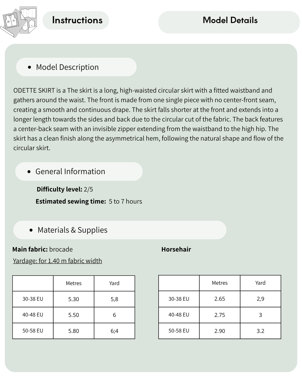 ODETTE skirt pattern information page detailing the high-waisted circular design, diffi culty level 2 out of 5, estimated sewing time, and suggested brocade fabric.