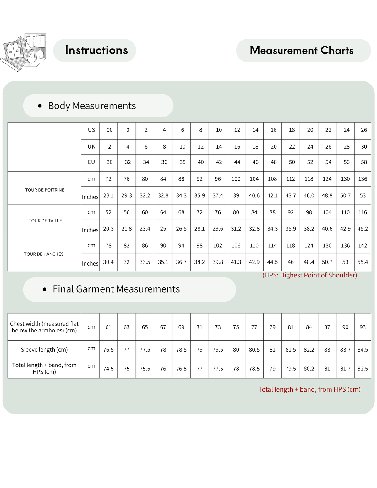 OLEA hoodie sewing pattern size chart showing body measurements and final garment measurements for 
EU sizes 30 to 58