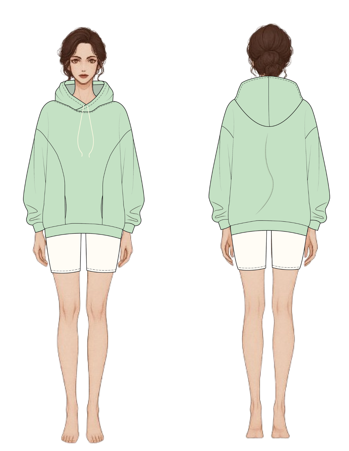 OLEA women's hoodie sewing pattern showing front and back views with 
oversized fit, hood, long sleeves, cuffs and relaxed silhouette