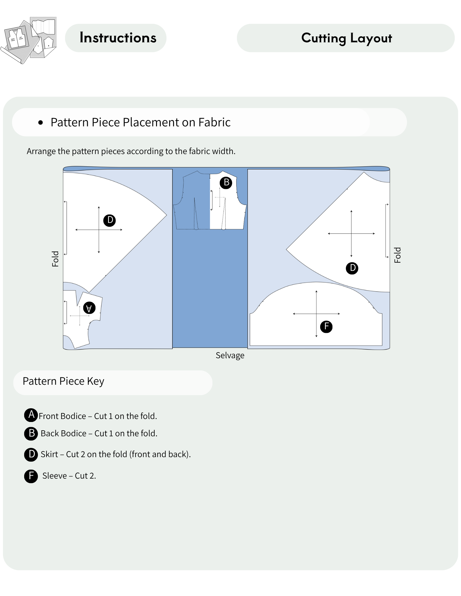 OLGA dress sewing pattern cutting layout showing pattern piece placement on the main fabric