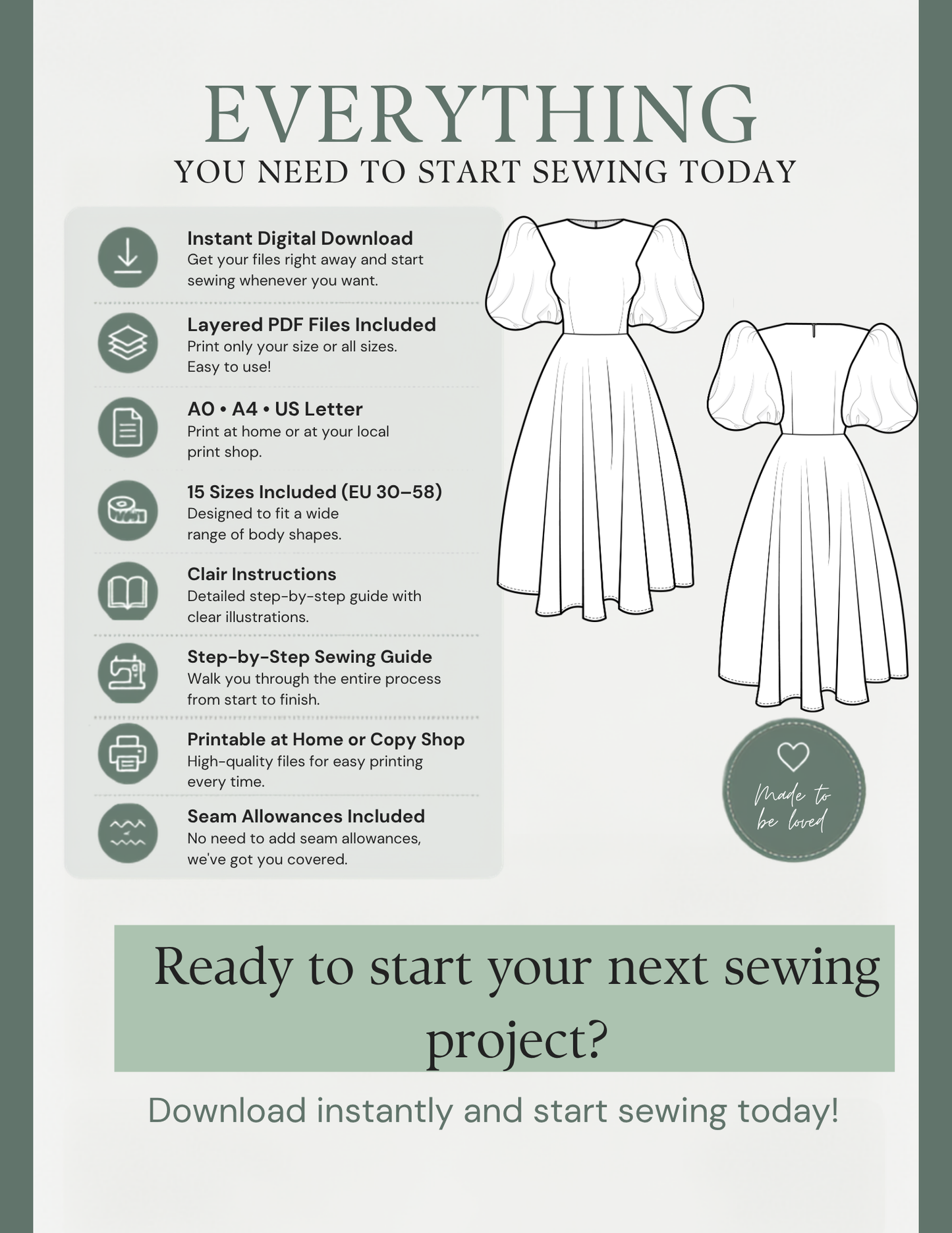 OLGA dress digital PDF sewing pattern with layered files, A0, A4 and US Letter formats and step-by-step instructions