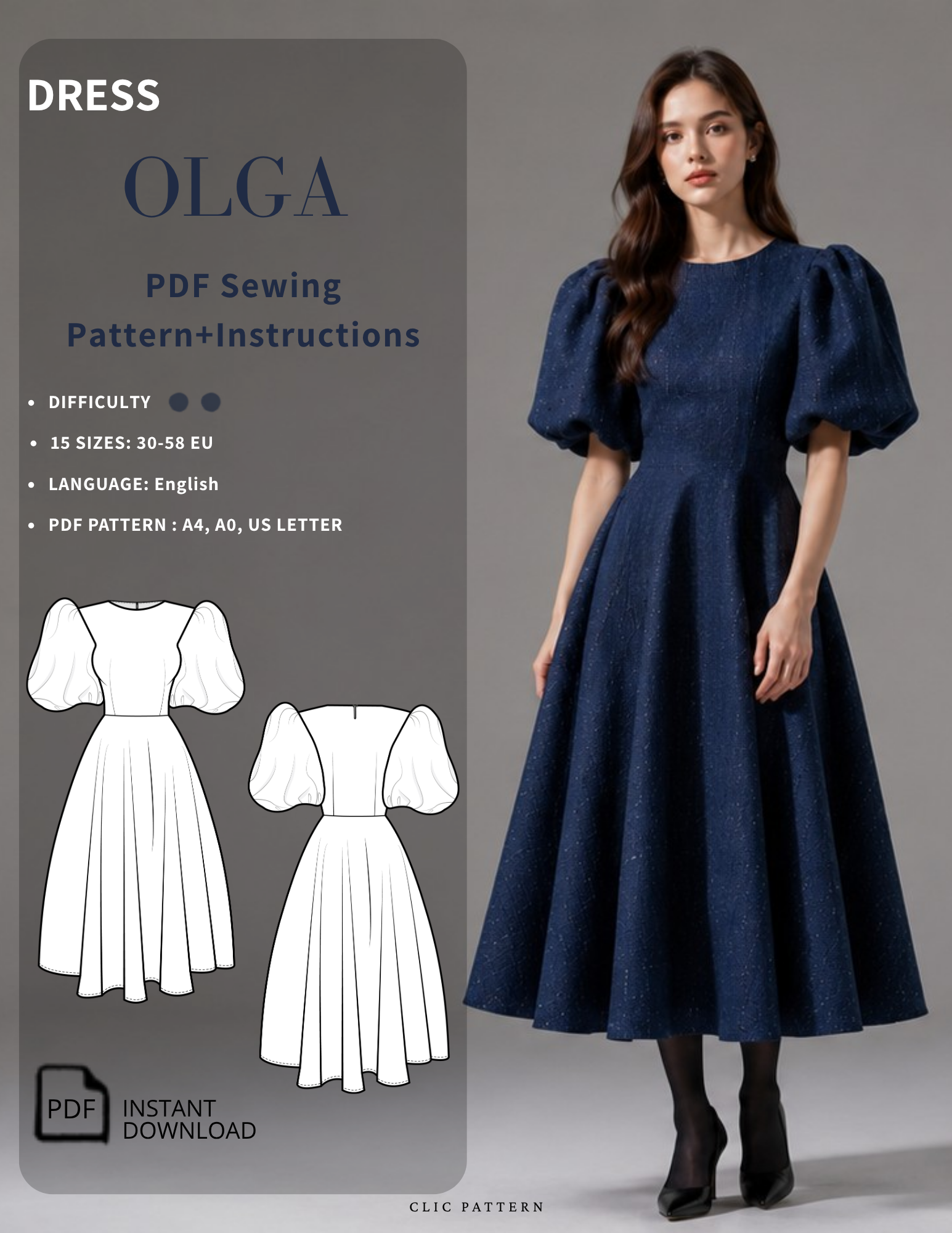 OLGA dress PDF sewing pattern featuring a fitted bodice, puff sleeves and flared midi skirt