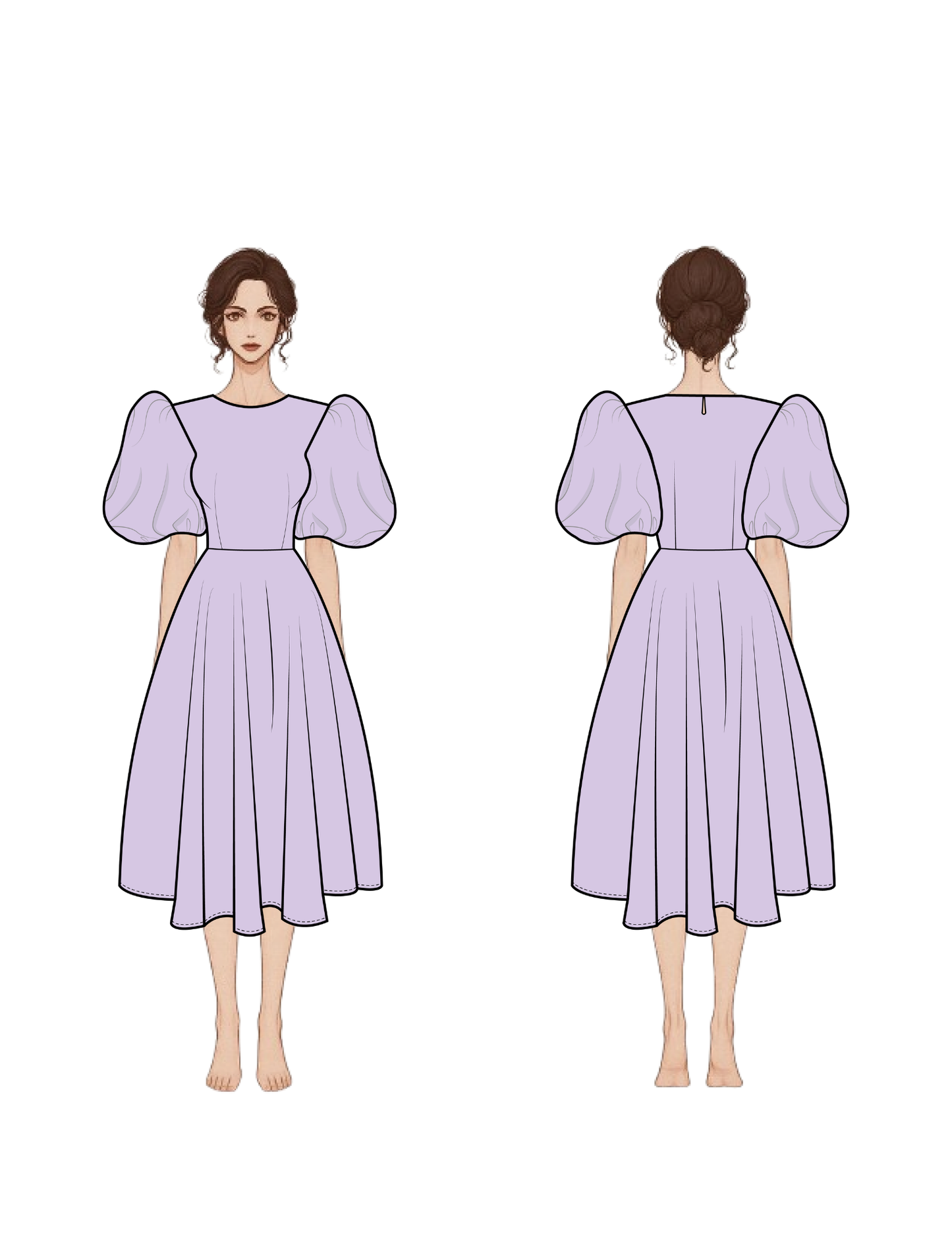 OLGA dress technical drawing showing the front and back view with puff sleeves and flared skirt