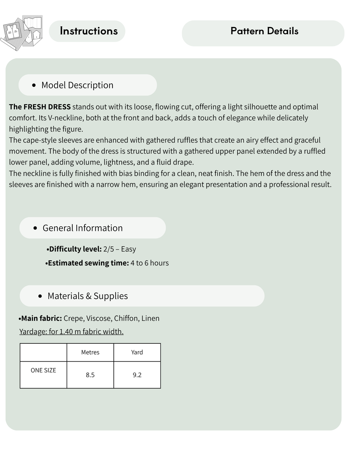 A flat infographic detailing the construction and specifications of a 'Fresh Dress' V-neckline pattern. The layout features a light gray and white color scheme with black text, outlining the model description, general information, materials, and a sizing table at the bottom.