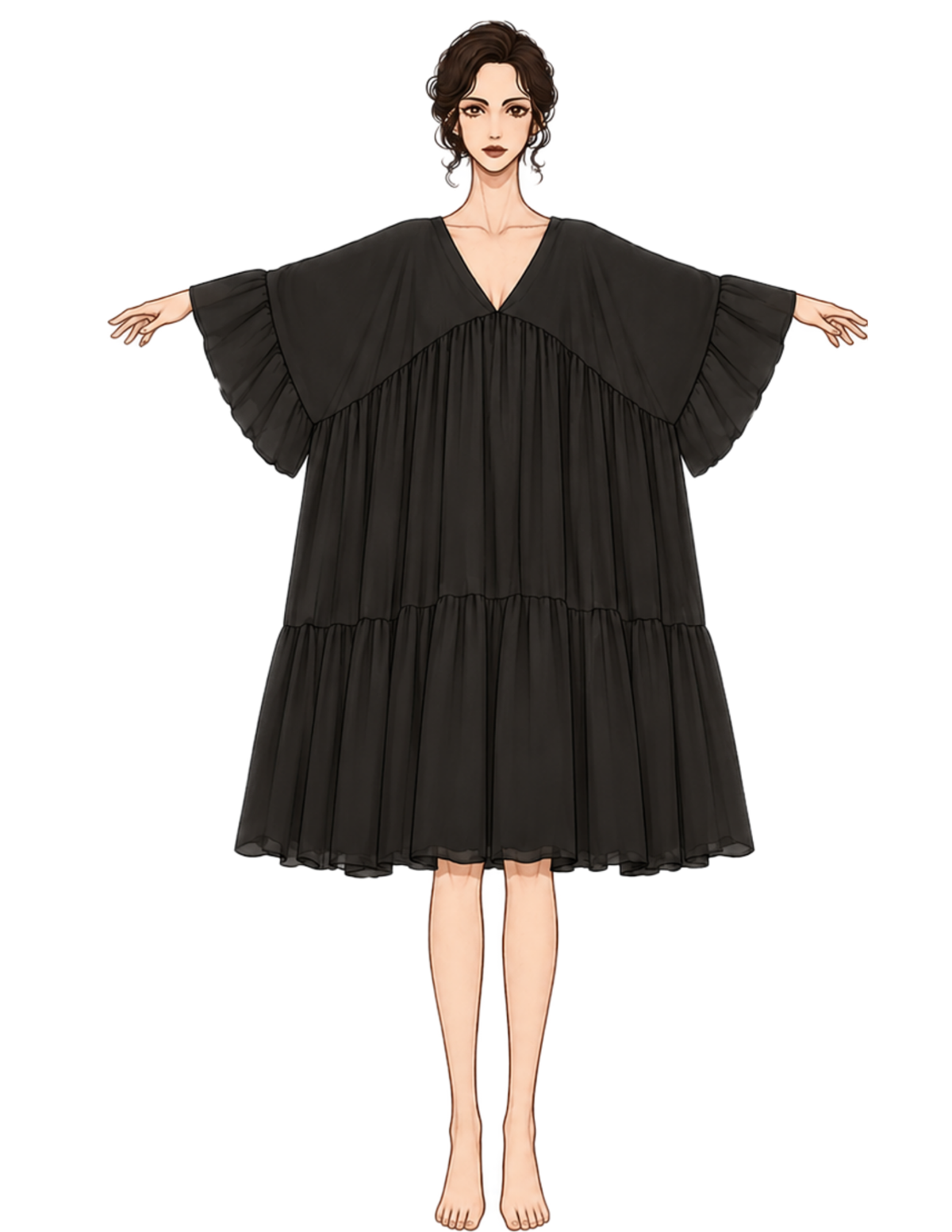 A black tiered dress with wide, ruffled cape-like sleeves and a V-neckline, shown on a stylized illustrated female model against a plain white background.