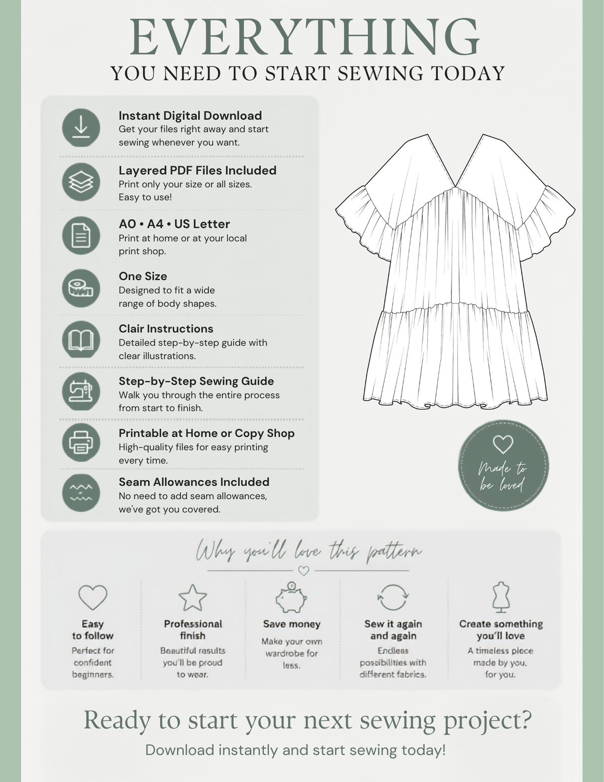 A promotional graphic for a sewing pattern listing, titled 'EVERYTHING YOU NEED TO START SEWING TODAY.' The design has a sage green and white layout with text callouts about instant digital download, layered PDF files, AO and US letter sizes, clear instructions, step-by-step guide, printable format, and seam allowances.