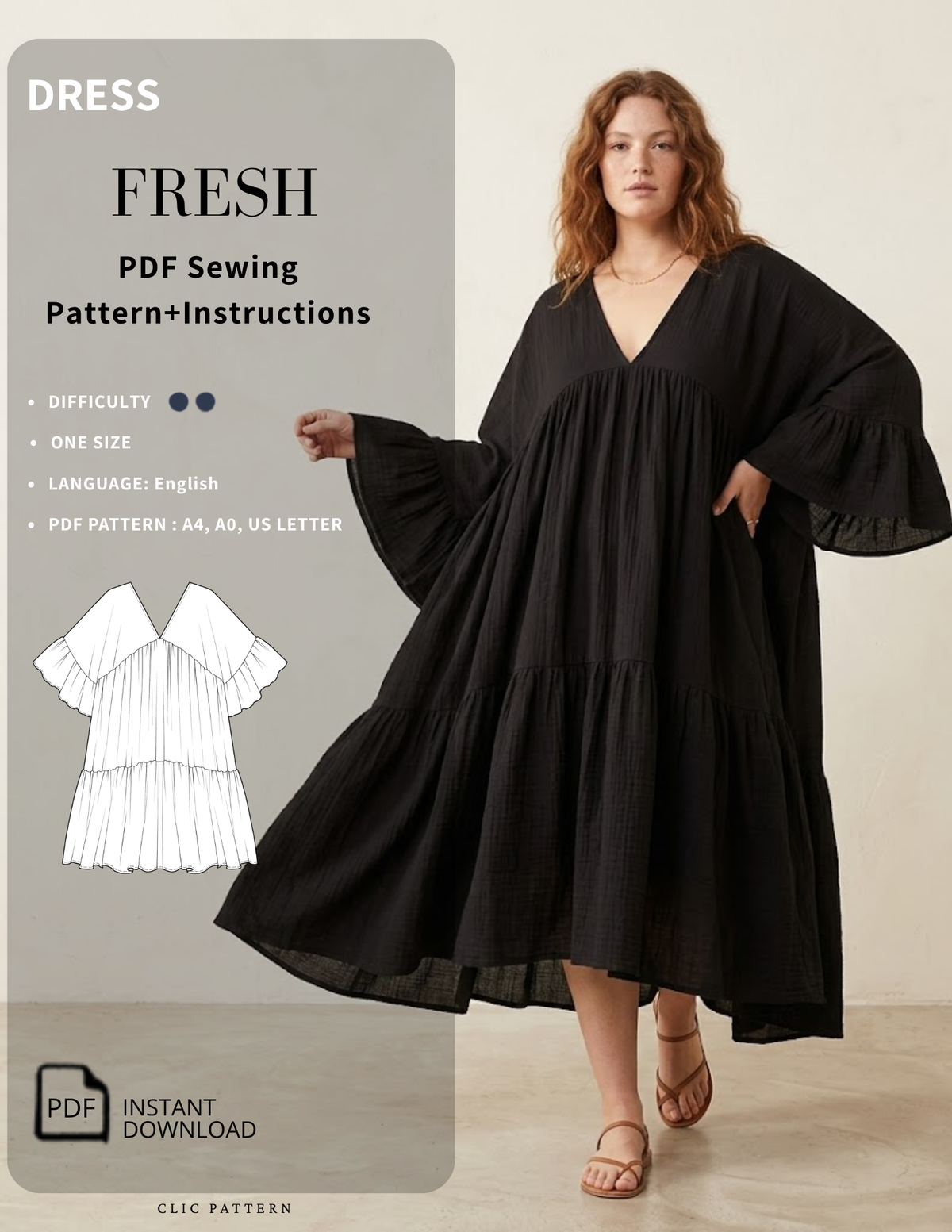 A woman modeling a black tiered midi dress with wide flared sleeves in a studio setting, alongside a panel showing the product details for a PDF sewing pattern called FRESH. The panel includes text, a line drawing of the dress, and a PDF Instant Download badge.