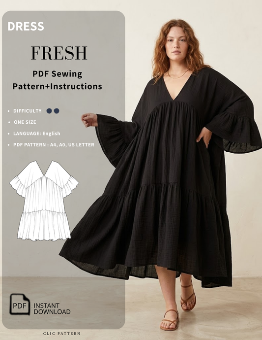 A woman modeling a black tiered midi dress with wide flared sleeves in a studio setting, alongside a panel showing the product details for a PDF sewing pattern called FRESH. The panel includes text, a line drawing of the dress, and a PDF Instant Download badge.