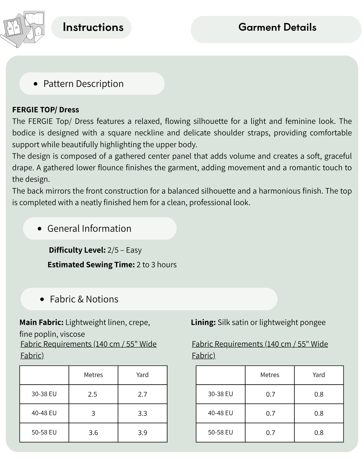 A digital template page displaying sewing instructions and garment details for the 'Fergie Top / Dress'. The page features a light gray background with a soft green panel on the right containing pattern description, general information, and fabric requirements tables.