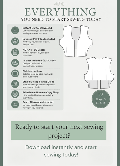 PDF Sewing Pattern features including layered PDF files, A4, A0, US Letter formats, step-by-step 
