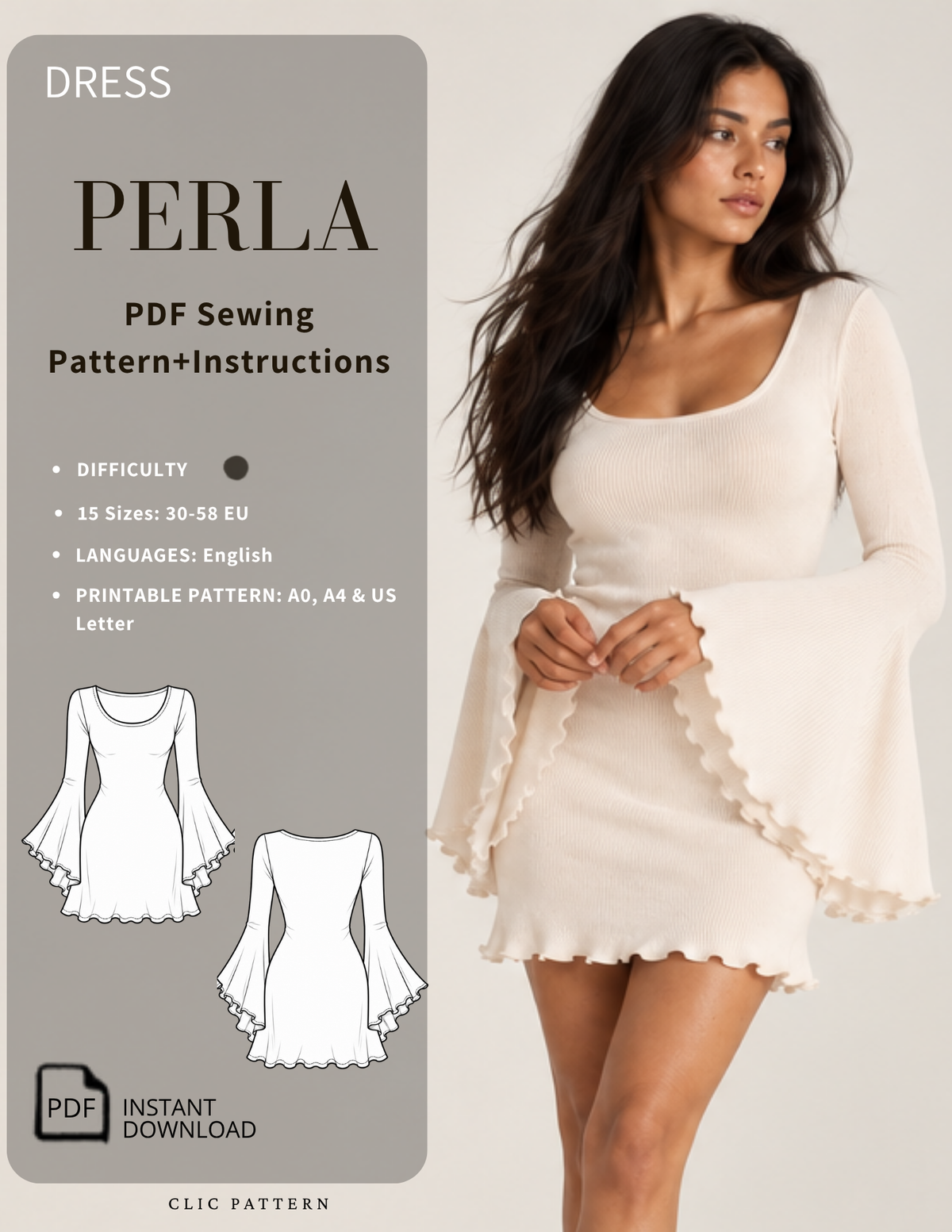 Perla fl ared sleeve mini dress PDF sewing pattern cover with 15 sizes EU 30–58
