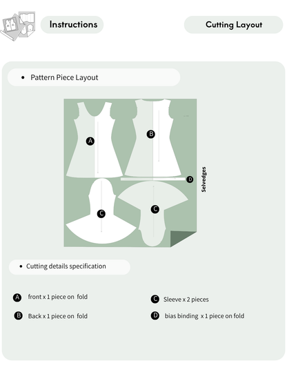 Perla mini dress sewing pattern cutting layout with front, back, sleeves and bias binding pieces