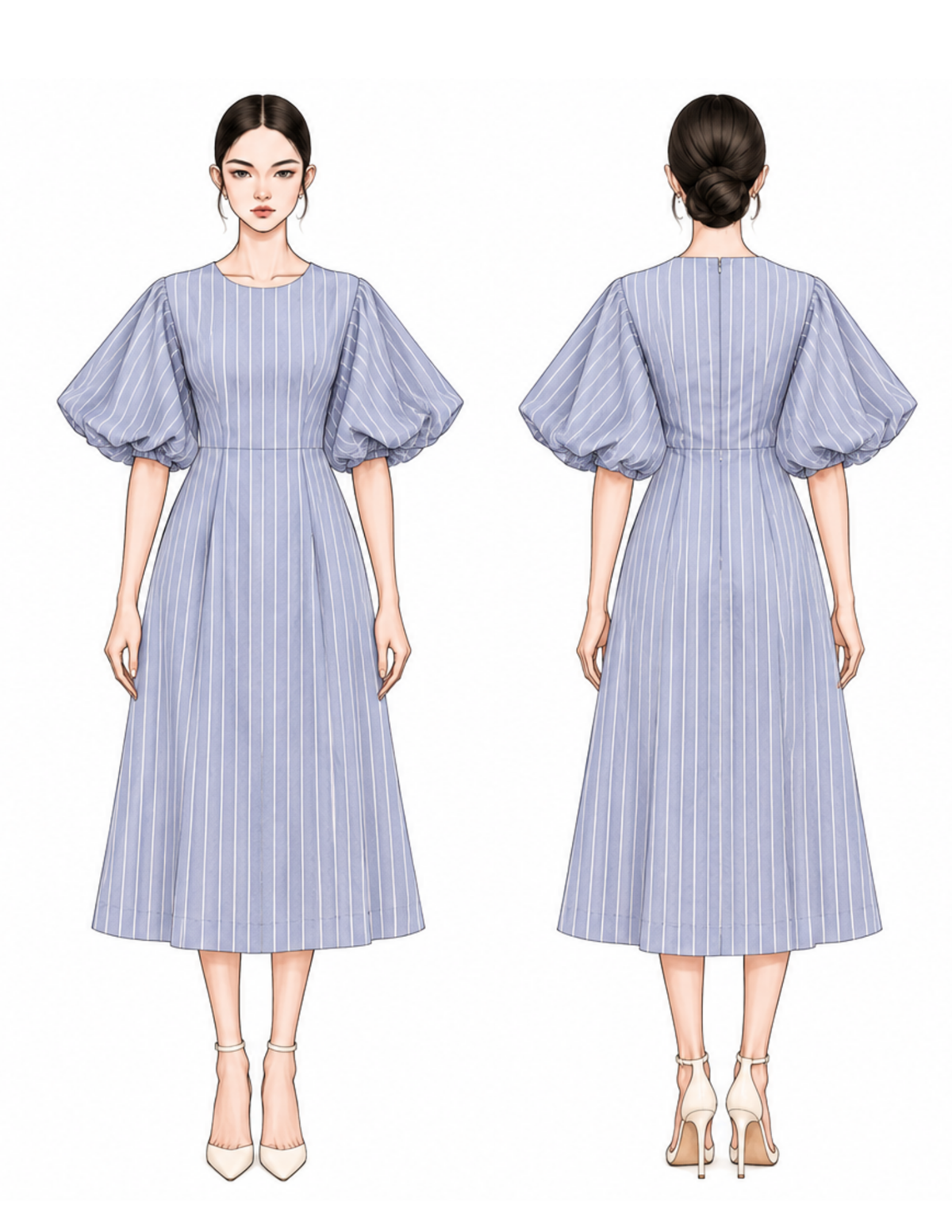 Front and back fashion illustrations of the PILAR women's A-line midi dress, highlighting the round neckline, oversized puff sleeves, fi tted waist and fl ared skirt.