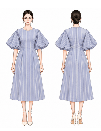 Front and back fashion illustrations of the PILAR women's A-line midi dress, highlighting the round neckline, oversized puff sleeves, fi tted waist and fl ared skirt.