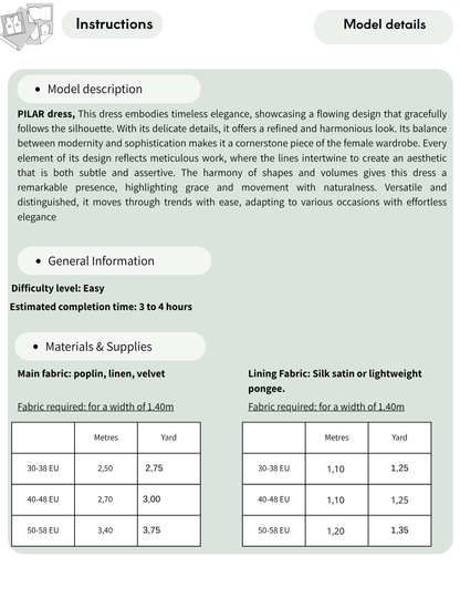 PILAR PDF dress sewing pattern instructions featuring the model description, easy diffi culty level, recommended fabrics, lining materials and fabric requirements for diff erent sizes.