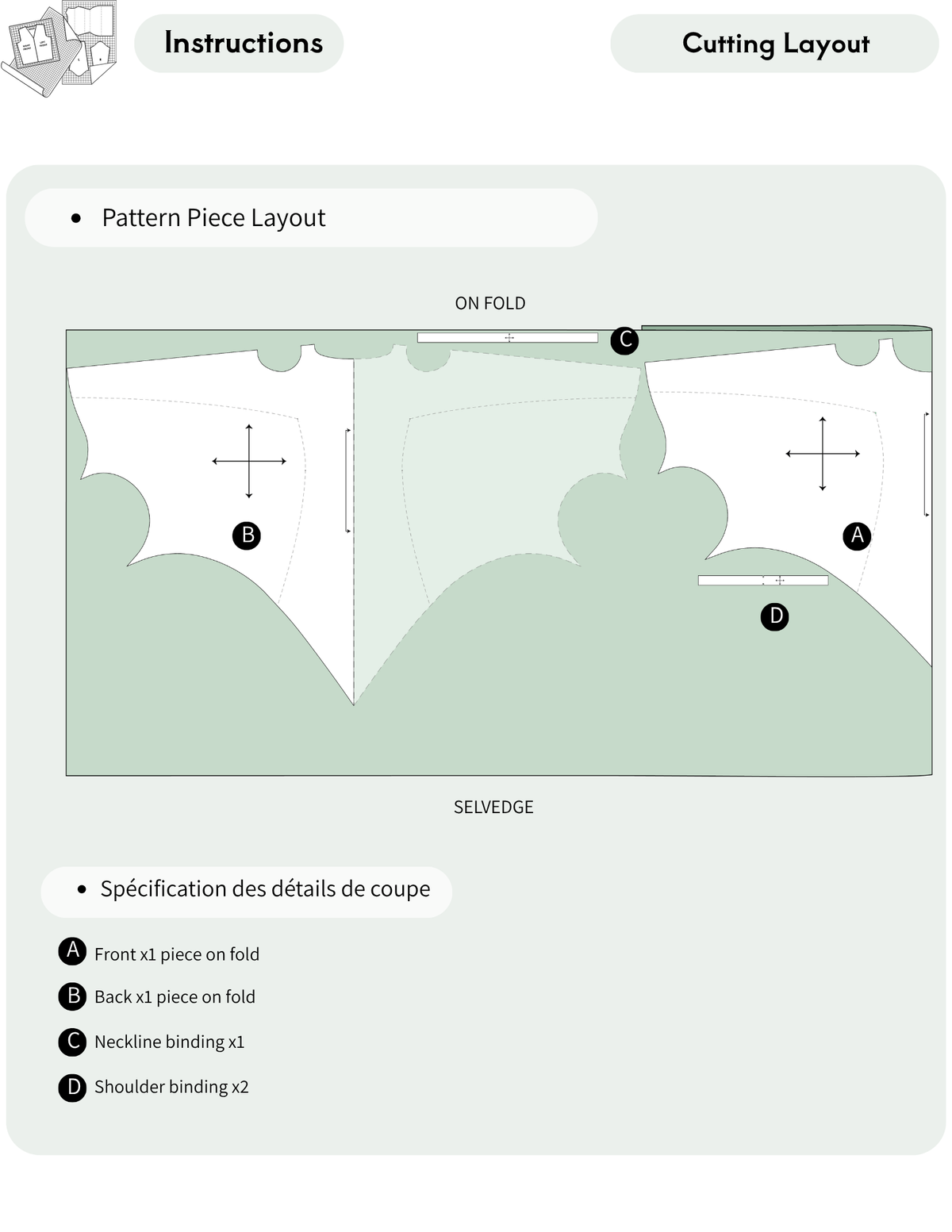 Raven bat wing dress PDF sewing pattern 
cutting layout illustrating the front and back 
pieces cut on the fold, neckline binding and 
shoulder bindings, with fabric placement 
instructions.
