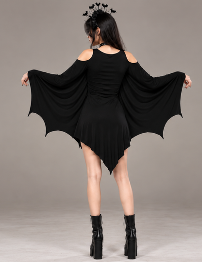 Back view of the black Raven bat wing dress 
featuring dramatic bat-shaped sleeves, cold 
shoulder cutouts and an asymmetrical pointed 
hem, showcasing the gothic Halloween costume 
design