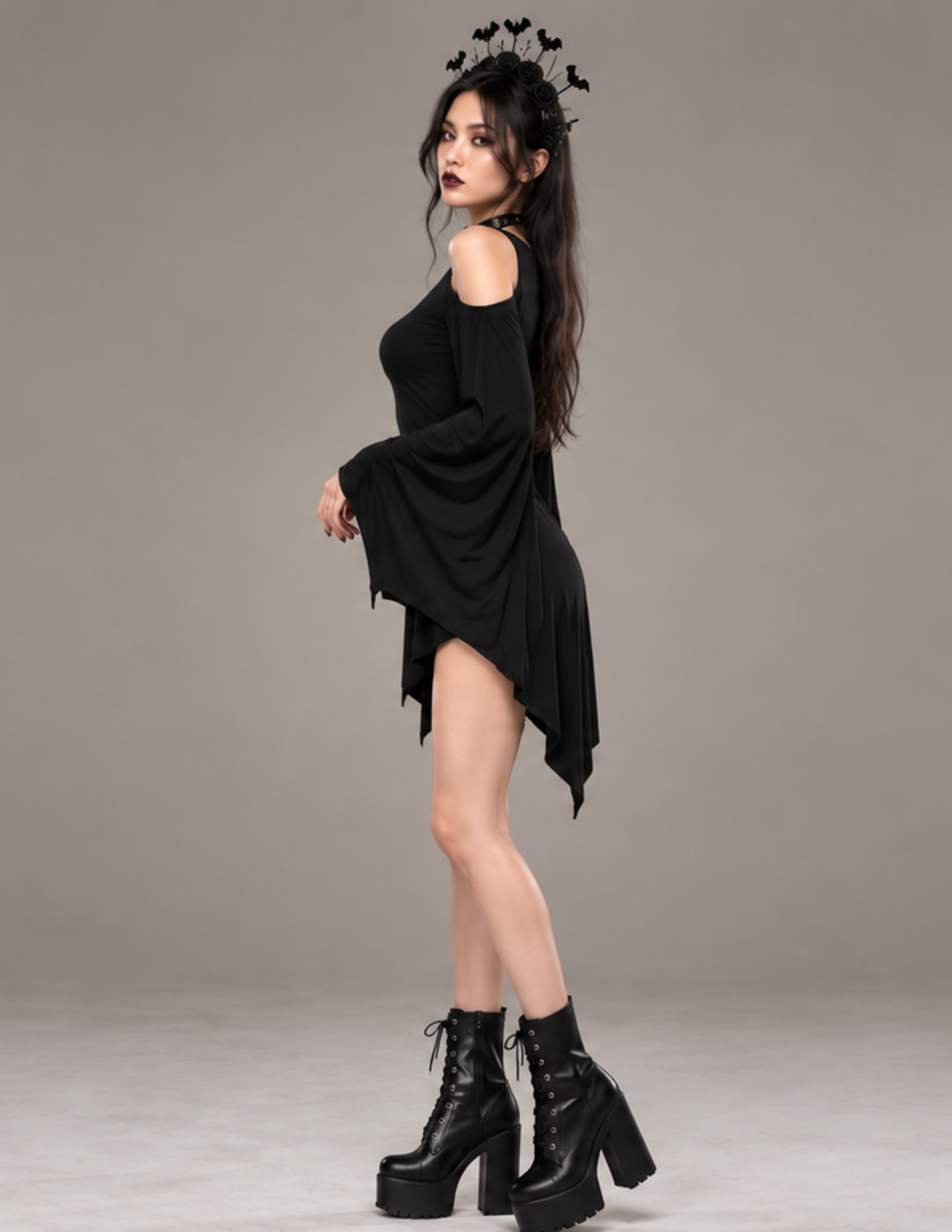 Side view of the black Raven gothic bat wing 
dress with flowing bat-inspired sleeves, exposed 
shoulders and an asymmetrical hem, styled 
with black platform boots for a dramatic 
Halloween look