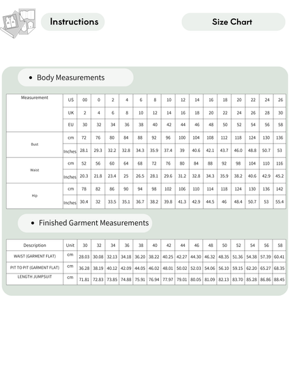 A size chart and instructions sheet for apparel measurements, featuring a body measurements table with US, EU, and UK sizing, and a finished garment measurements table with width, pit to pit, and length jumpsize details.