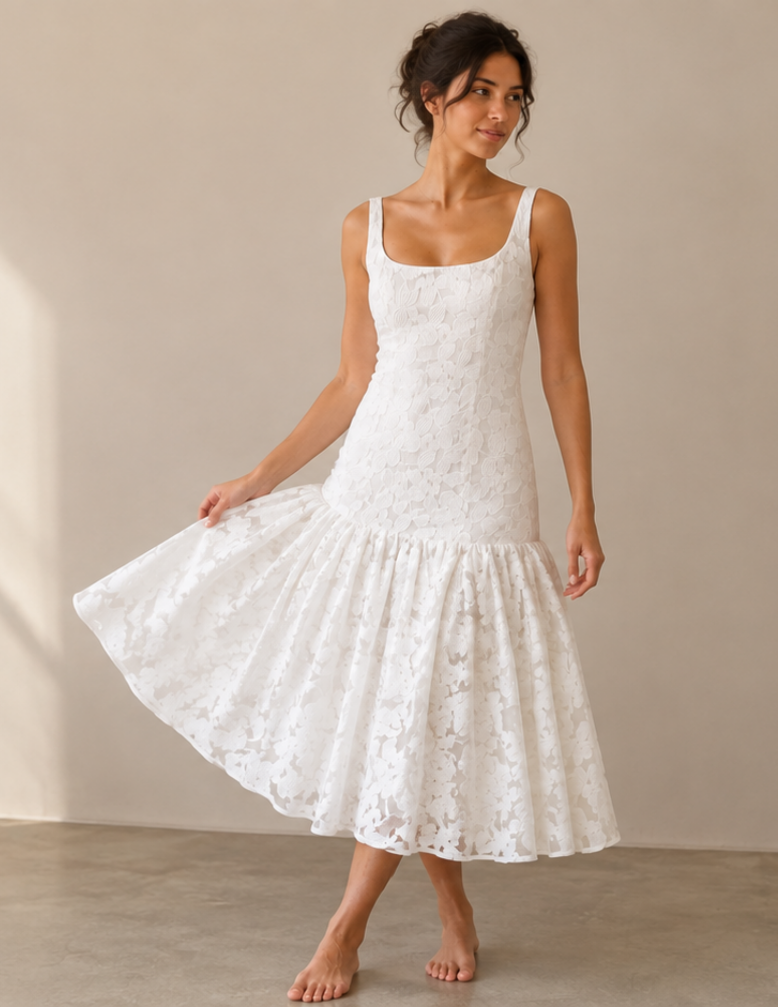 ROSALI Dress front fashion photo featuring a fitted bodice, square neckline and flowing gathered skirt